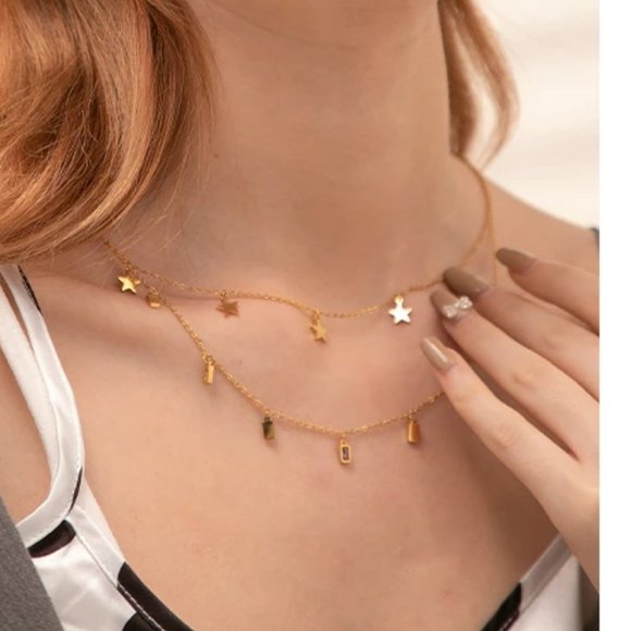NEW 18K Gold Plated Star Square Drop Double Layer Necklace - Picture 2 of 7